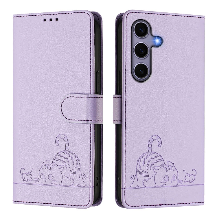 For Samsung Galaxy S25 5G Cat Rat Embossed RFID Leather Phone Case with Lanyard(Purple) - free shipping - PMC TechLife - Order now!