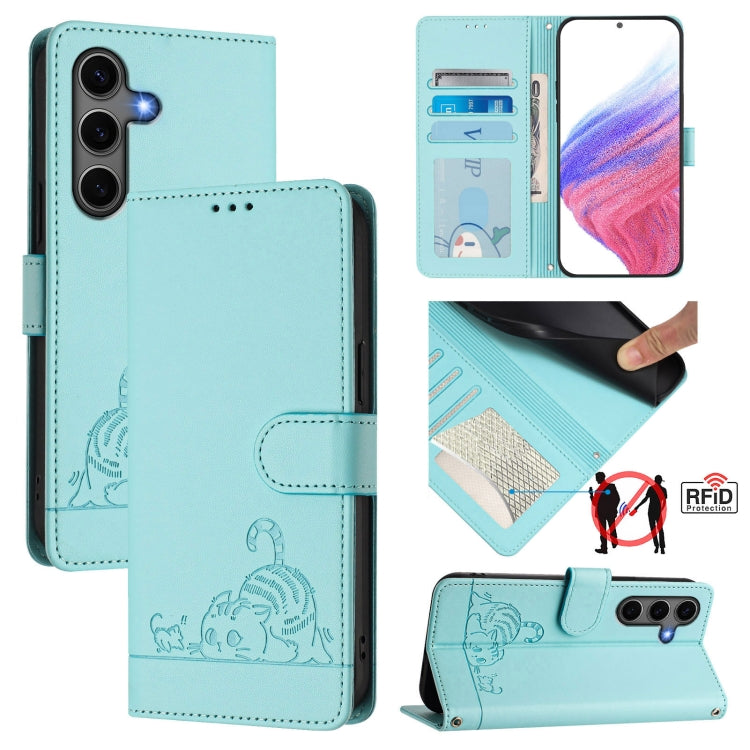 For Samsung Galaxy S25+ 5G Cat Rat Embossed RFID Leather Phone Case with Lanyard(Mint Green) - Galaxy S25+ 5G Cases by PMC TechLife | Online Shopping South Africa | PMC TechLife | Buy Now Pay Later Mobicred