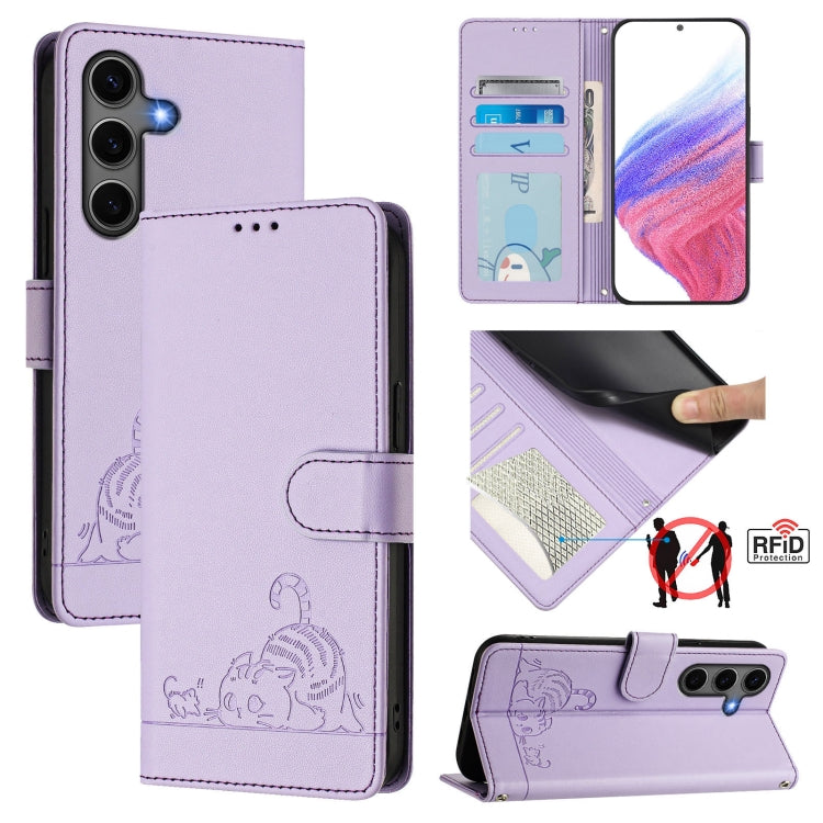 For Samsung Galaxy S25+ 5G Cat Rat Embossed RFID Leather Phone Case with Lanyard(Purple) - Galaxy S25+ 5G Cases by PMC TechLife | Online Shopping South Africa | PMC TechLife | Buy Now Pay Later Mobicred