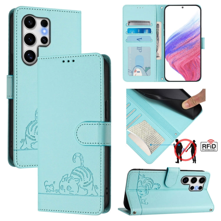 For Samsung Galaxy S25 Ultra 5G Cat Rat Embossed RFID Leather Phone Case with Lanyard(Mint Green) - free shipping - PMC TechLife - Order now!