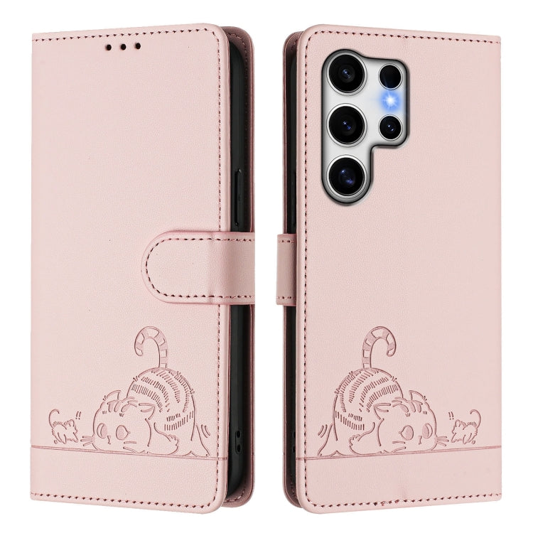 For Samsung Galaxy S25 Ultra 5G Cat Rat Embossed RFID Leather Phone Case with Lanyard(Pink) - Galaxy S25 Ultra 5G Cases by PMC TechLife | Online Shopping South Africa | PMC TechLife | Buy Now Pay Later Mobicred