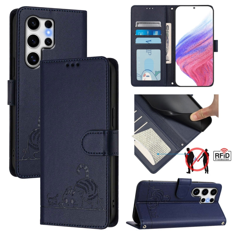 For Samsung Galaxy S25 Ultra 5G Cat Rat Embossed RFID Leather Phone Case with Lanyard(Blue) - Galaxy S25 Ultra 5G Cases by PMC TechLife | Online Shopping South Africa | PMC TechLife | Buy Now Pay Later Mobicred