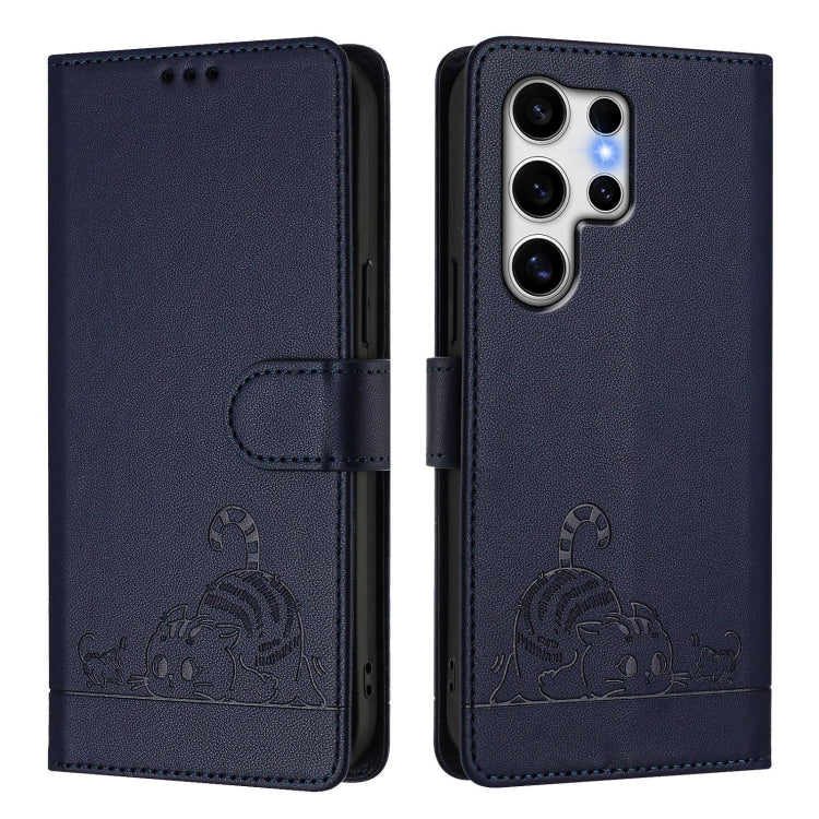 For Samsung Galaxy S25 Ultra 5G Cat Rat Embossed RFID Leather Phone Case with Lanyard(Blue) - Galaxy S25 Ultra 5G Cases by PMC TechLife | Online Shopping South Africa | PMC TechLife | Buy Now Pay Later Mobicred