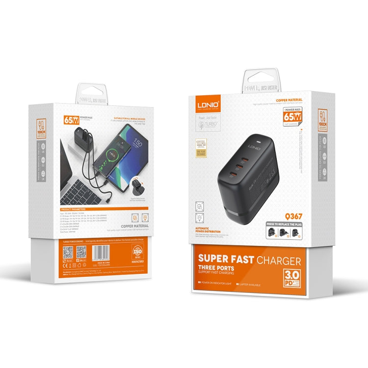 LDNIO Q367 65W GaN 3 x USB-C / Type-C Interface Charger with 1m USB-C / Type-C to USB-C / Type-C Data Cable, Plug Type:EU Plug(Black) - free shipping - PMC Jewellery - Order now!