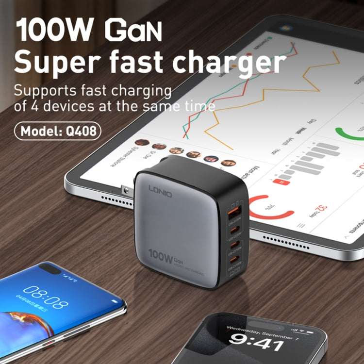 LDNIO Q408 100W GaN USB+3 USB-C / Type-C Interface Charger with 1m 100W USB-C / Type-C to USB-C / Type-C Data Cable, Plug Type:US Plug(Black) - free shipping - PMC Jewellery - Order now!