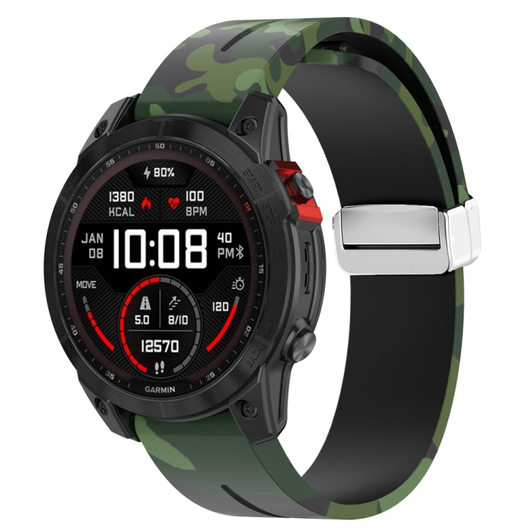 For Garmin Fenix 7S Magnetic Folding Silver Buckle Color Printed Silicone Watch Band(Camouflage Green) - free shipping - PMC TechLife - Order now!