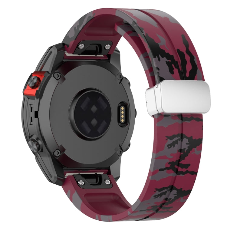 For Garmin Fenix 7 Magnetic Folding Silver Buckle Color Printed Silicone Watch Band(Camouflage Wine Red) - free shipping - PMC TechLife - Order now!