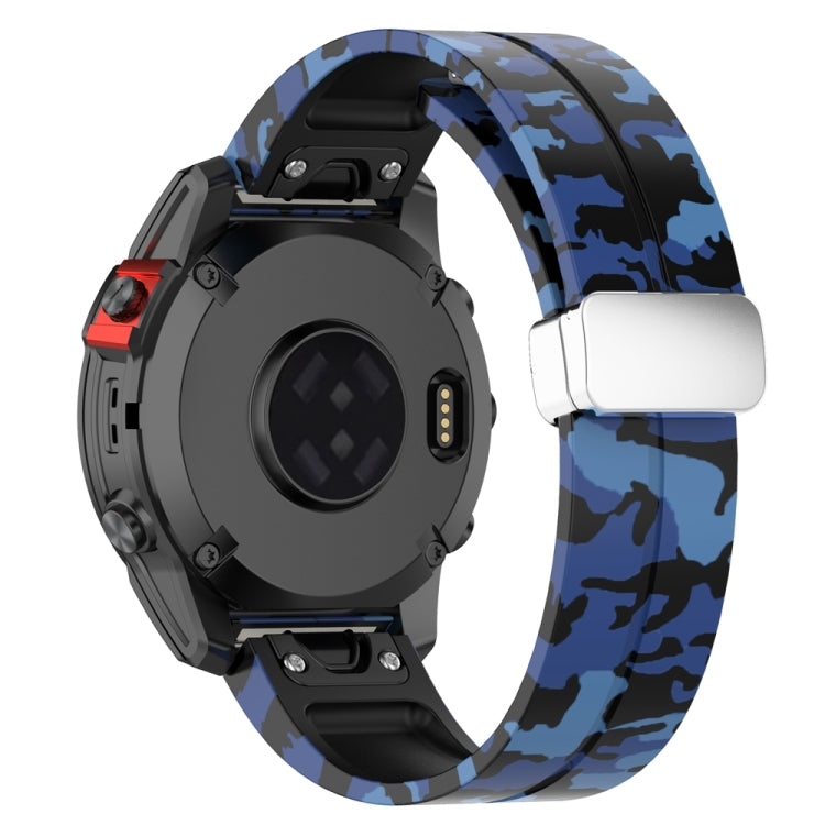 For Garmin Fenix 7 Magnetic Folding Silver Buckle Color Printed Silicone Watch Band(Camouflage Blue) - free shipping - PMC TechLife - Order now!