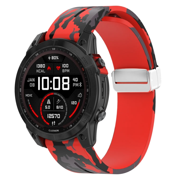 For Garmin Fenix 7X Magnetic Folding Silver Buckle Color Printed Silicone Watch Band(Camouflage Red) - free shipping - PMC TechLife - Order now!