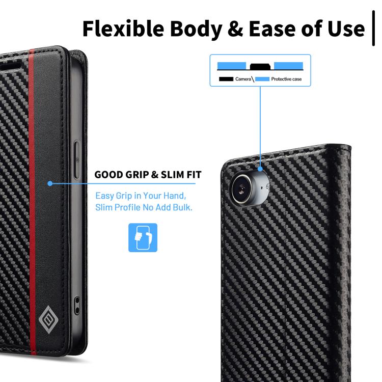For iPhone 16e LC.IMEEKE Carbon Fiber Leather Phone Case(Vertical Black) - free shipping - PMc TechLife - Order now!