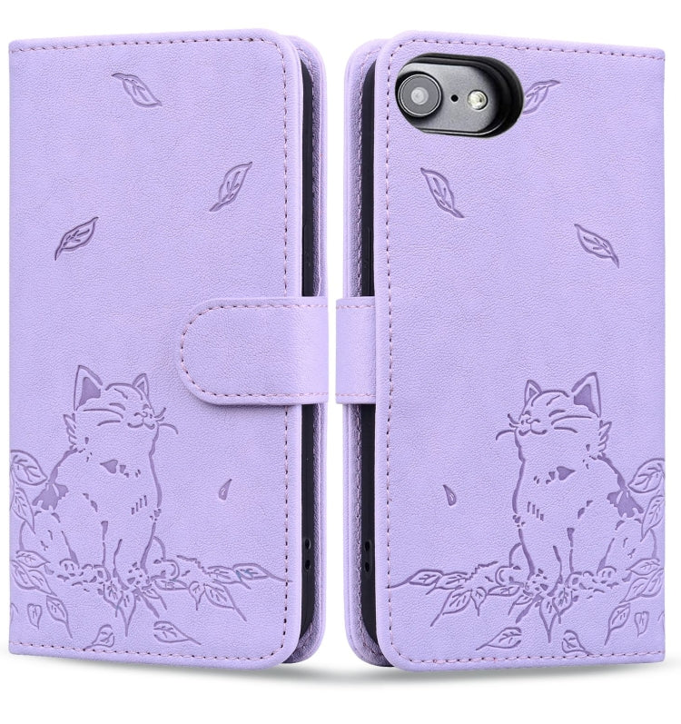 For iPhone 16e Cute Cat Embossed Leather Phone Case(Purple) - iPhone 16e Cases by PMC TechLife | Online Shopping South Africa | PMC TechLife | Buy Now Pay Later Mobicred
