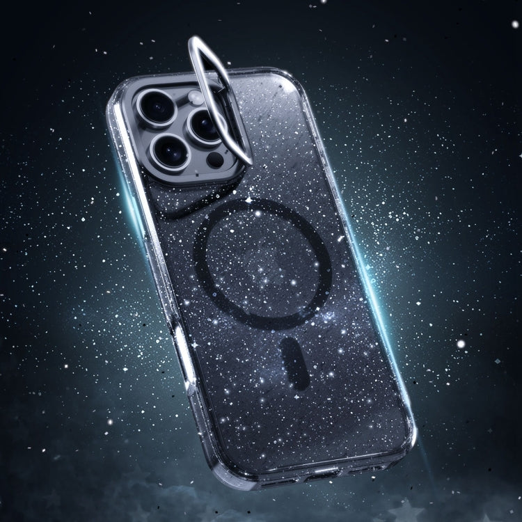 For iPhone 16 Plus Glitter Powder Lens Holder MagSafe Magnetic Phone Case(Transparent Titanium Blue) - free shipping - PMC Jewellery - Order now!