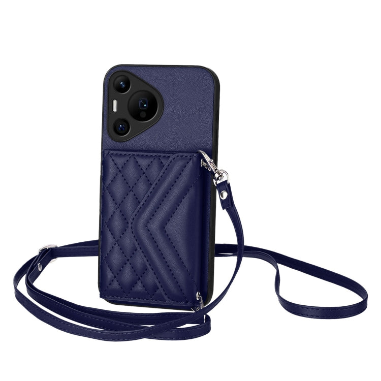For Huawei Pura 70 Pro / 70 Pro+ Rhombic Texture Card Bag RFID Phone Case with Long Lanyard(Blue) - free shipping - PMC Jewellery - Order now!