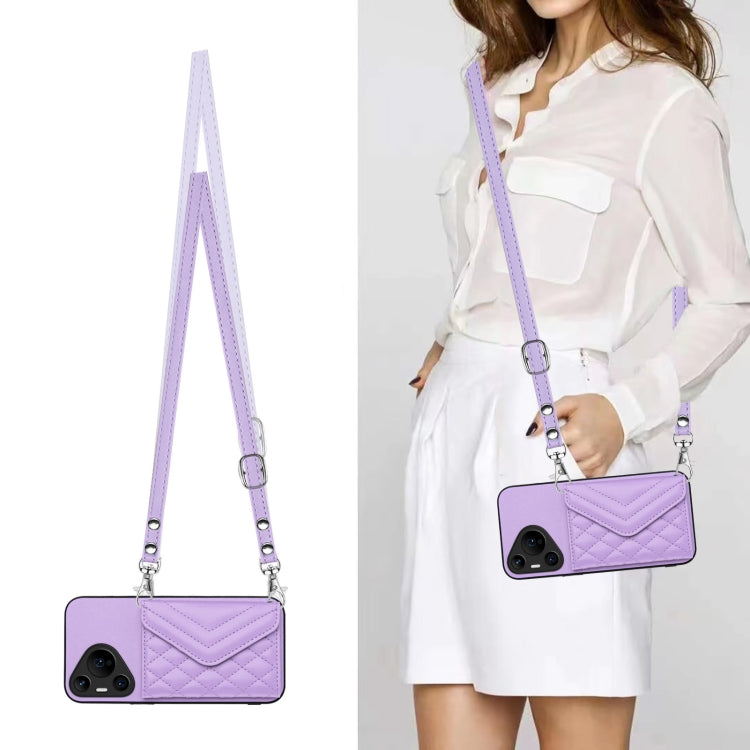 For Huawei Pura 70 Pro / 70 Pro+ Rhombic Texture Card Bag RFID Phone Case with Long Lanyard(Light Purple) - free shipping - PMC Jewellery - Order now!