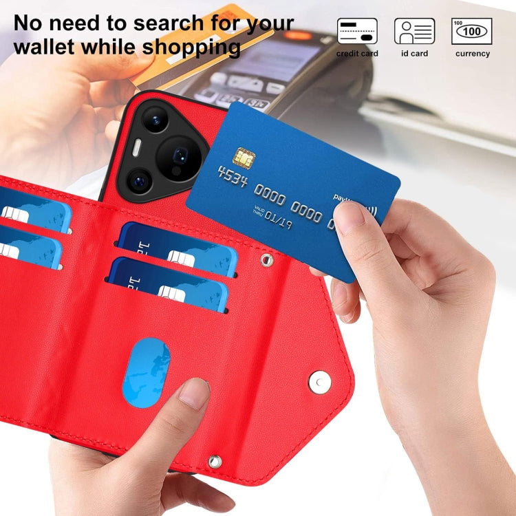 For Huawei Pura 70 Pro / 70 Pro+ Rhombic Texture Card Bag RFID Phone Case with Long Lanyard(Red) - Huawei Cases by PMC Jewellery | Online Shopping South Africa | PMC Jewellery | Buy Now Pay Later Mobicred