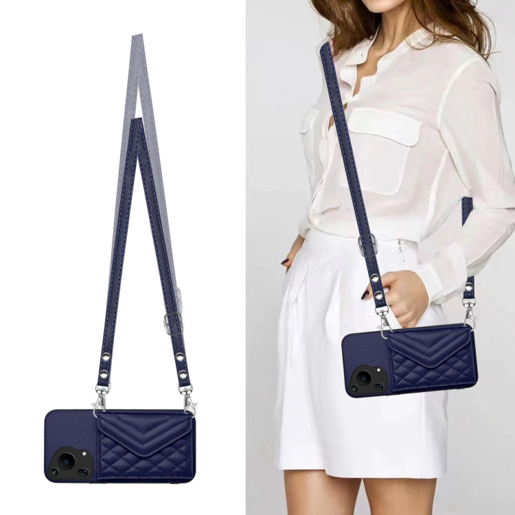 For Huawei Pura 70 Ultra Rhombic Texture Card Bag RFID Phone Case with Long Lanyard(Blue) - Huawei Cases by PMC Jewellery | Online Shopping South Africa | PMC Jewellery | Buy Now Pay Later Mobicred