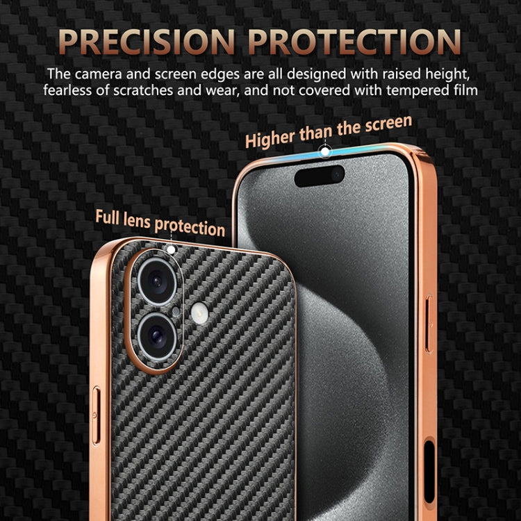 For iPhone 16 Plus AZNS Electroplated Edge Carbon Fiber Texture Phone Case(Brown) - free shipping - PMC Jewellery - Order now!