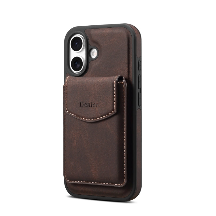 For iPhone 16 Denior D20 Skin Feel MagSafe Holder Detachable Card Slot Phone Case(Brown) - free shipping - PMC Jewellery - Order now!