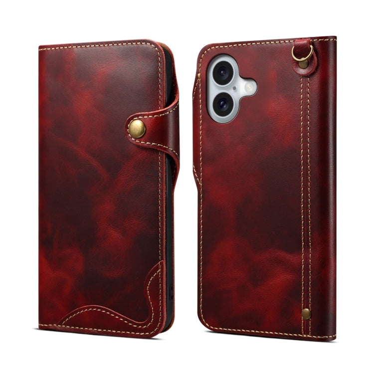 For iPhone 16 Denior B01 Oil Wax Cowhide Magnetic Button Genuine Leather Case(Red) - free shipping - PMC Jewellery - Order now!