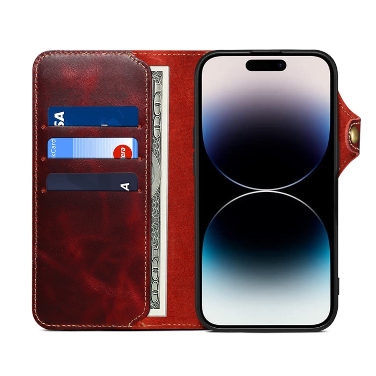 For iPhone 16 Denior B01 Oil Wax Cowhide Magnetic Button Genuine Leather Case(Red) - free shipping - PMC Jewellery - Order now!