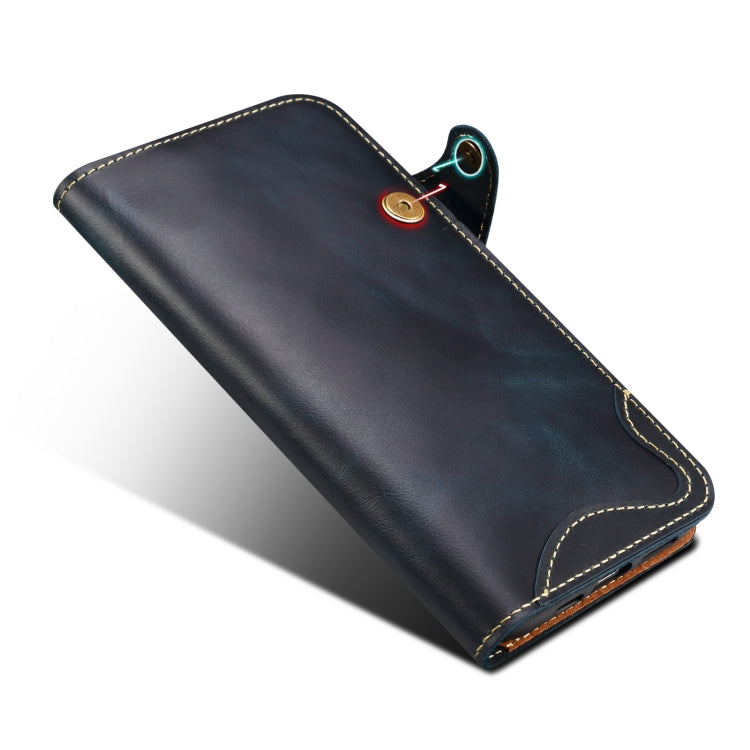 For iPhone 16 Denior B01 Oil Wax Cowhide Magnetic Button Genuine Leather Case(Blue) - free shipping - PMC Jewellery - Order now!