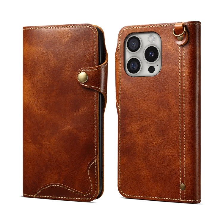 For iPhone 16 Pro Denior B01 Oil Wax Cowhide Magnetic Button Genuine Leather Case(Brown) - free shipping - PMC Jewellery - Order now!