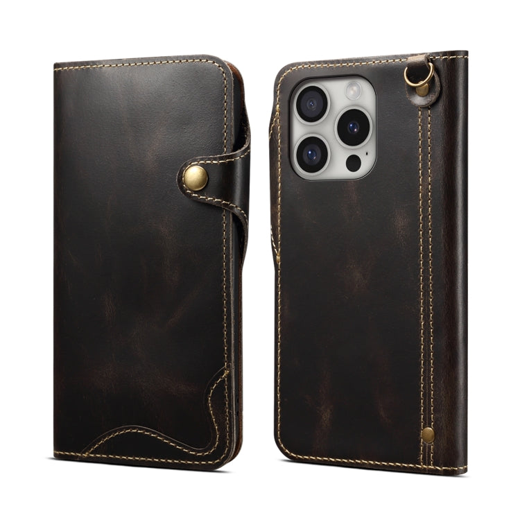 For iPhone 16 Pro Max Denior B01 Oil Wax Cowhide Magnetic Button Genuine Leather Case(Black) - free shipping - PMC Jewellery - Order now!