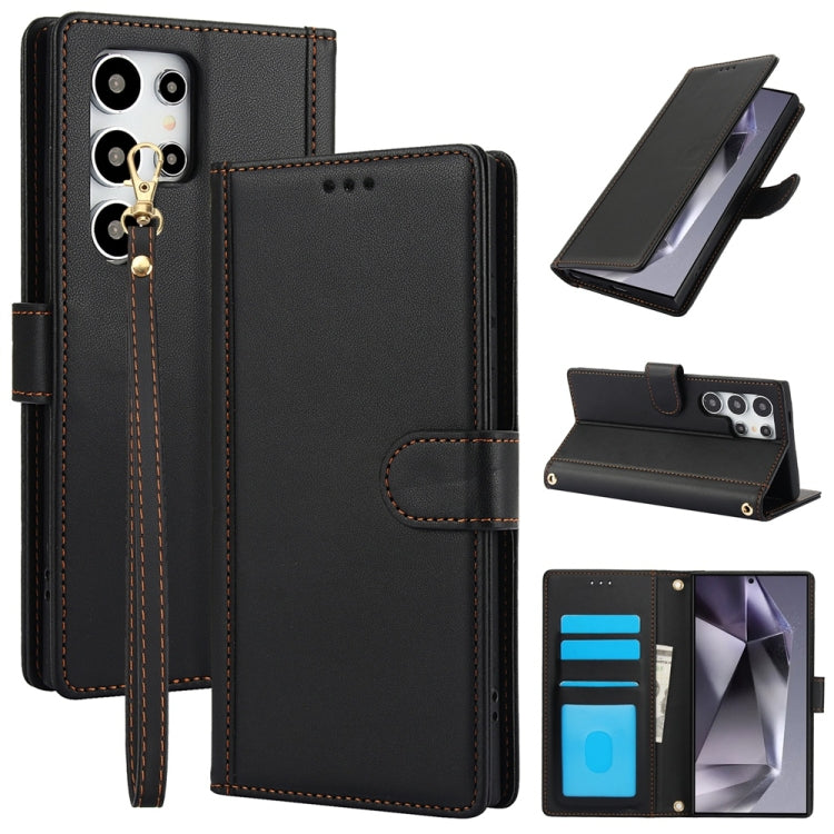 For Samsung Galaxy S25 Ultra 5G Skin Feel Pure Color Card Slots Leather Phone Case with Dual Lanyard(Black) - Galaxy S25 Ultra 5G Cases by PMC TechLife | Online Shopping South Africa | PMC TechLife | Buy Now Pay Later Mobicred