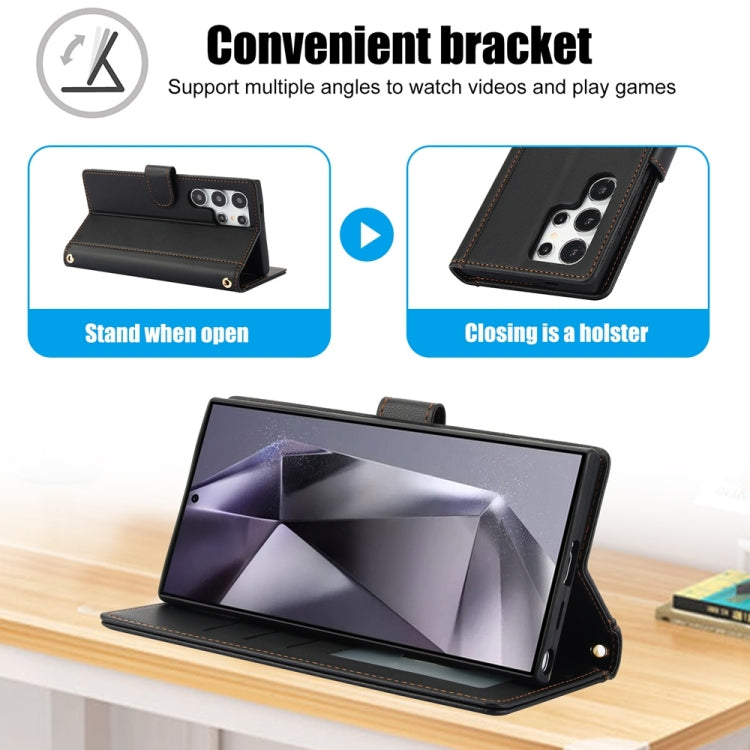 For Samsung Galaxy S25 Ultra 5G Skin Feel Pure Color Card Slots Leather Phone Case with Dual Lanyard(Black) - Galaxy S25 Ultra 5G Cases by PMC TechLife | Online Shopping South Africa | PMC TechLife | Buy Now Pay Later Mobicred