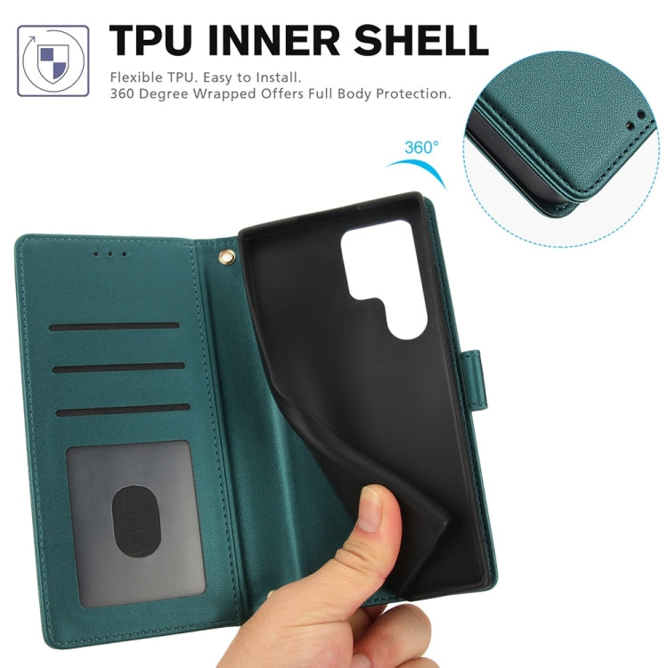 For Samsung Galaxy S25 Ultra 5G Skin Feel Pure Color Card Slots Leather Phone Case with Dual Lanyard(Green) - Galaxy S25 Ultra 5G Cases by PMC TechLife | Online Shopping South Africa | PMC TechLife | Buy Now Pay Later Mobicred