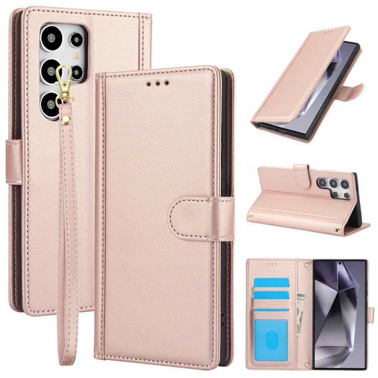 For Samsung Galaxy S25 Ultra 5G Skin Feel Pure Color Card Slots Leather Phone Case with Dual Lanyard(Rose Gold) - Galaxy S25 Ultra 5G Cases by PMC TechLife | Online Shopping South Africa | PMC TechLife | Buy Now Pay Later Mobicred