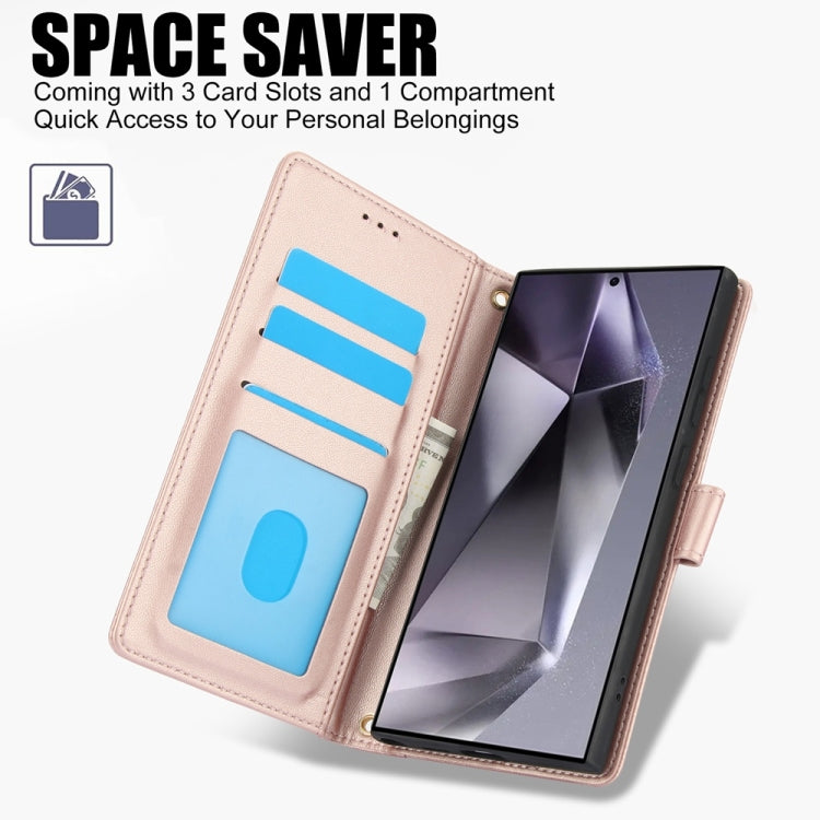 For Samsung Galaxy S25 Ultra 5G Skin Feel Pure Color Card Slots Leather Phone Case with Dual Lanyard(Rose Gold) - Galaxy S25 Ultra 5G Cases by PMC TechLife | Online Shopping South Africa | PMC TechLife | Buy Now Pay Later Mobicred