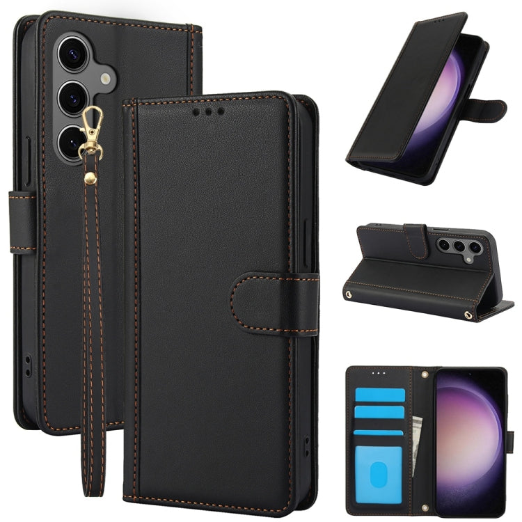 For Samsung Galaxy S25+ 5G Skin Feel Pure Color Card Slots Leather Phone Case with Dual Lanyard(Black) - Galaxy S25+ 5G Cases by PMC TechLife | Online Shopping South Africa | PMC TechLife | Buy Now Pay Later Mobicred