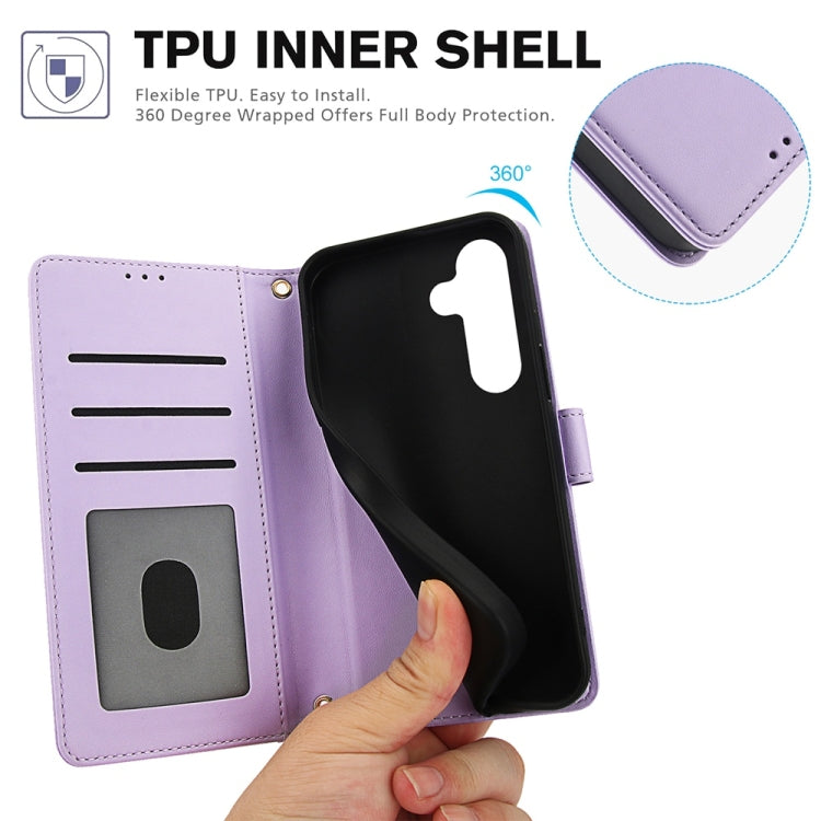 For Samsung Galaxy S25+ 5G Skin Feel Pure Color Card Slots Leather Phone Case with Dual Lanyard(Purple) - Galaxy S25+ 5G Cases by PMC TechLife | Online Shopping South Africa | PMC TechLife | Buy Now Pay Later Mobicred
