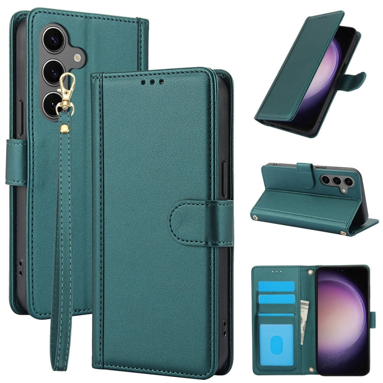 For Samsung Galaxy S25 5G Skin Feel Pure Color Card Slots Leather Phone Case with Dual Lanyard(Green) - Galaxy S25 5G Cases by PMC TechLife | Online Shopping South Africa | PMC TechLife | Buy Now Pay Later Mobicred