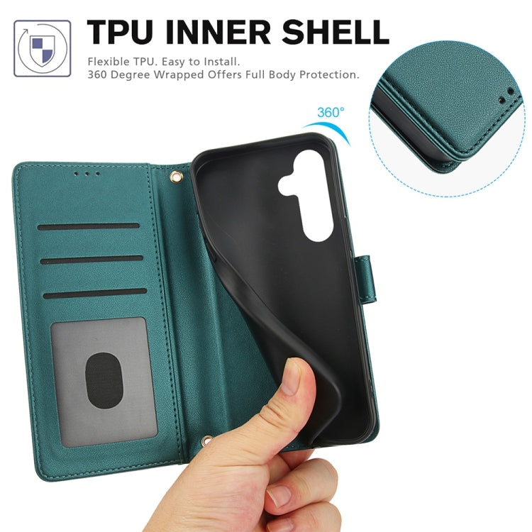 For Samsung Galaxy S25 5G Skin Feel Pure Color Card Slots Leather Phone Case with Dual Lanyard(Green) - Galaxy S25 5G Cases by PMC TechLife | Online Shopping South Africa | PMC TechLife | Buy Now Pay Later Mobicred