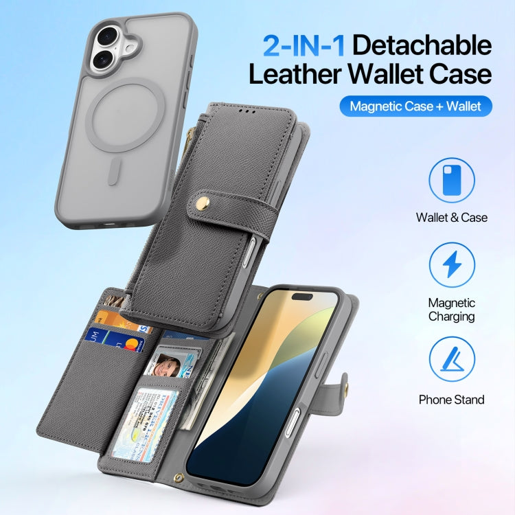 For iPhone 16 DUX DUCIS Lawa Series 2 in 1 Wallet Zipper Detachable MagSafe Phone Case with Lanyard(Grey) - free shipping - PMC Jewellery - Order now!