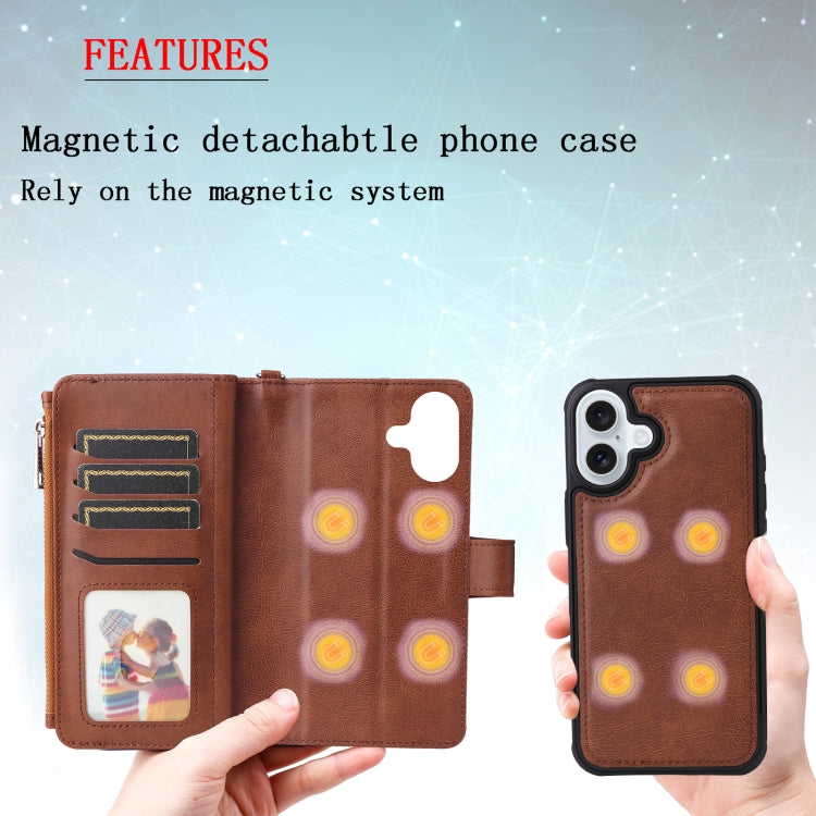 For iPhone 16 Plus Solid Color 2 in 1 Zipper Shockproof Phone Case(Brown) - free shipping - PMC Jewellery - Order now!