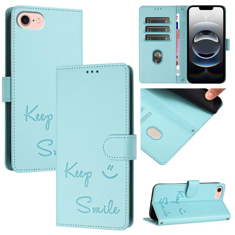 For iPhone 16e Smile Embossing RFID Leather Phone Case(Mint Green) - iPhone 16e Cases by PMC TechLife | Online Shopping South Africa | PMC TechLife | Buy Now Pay Later Mobicred