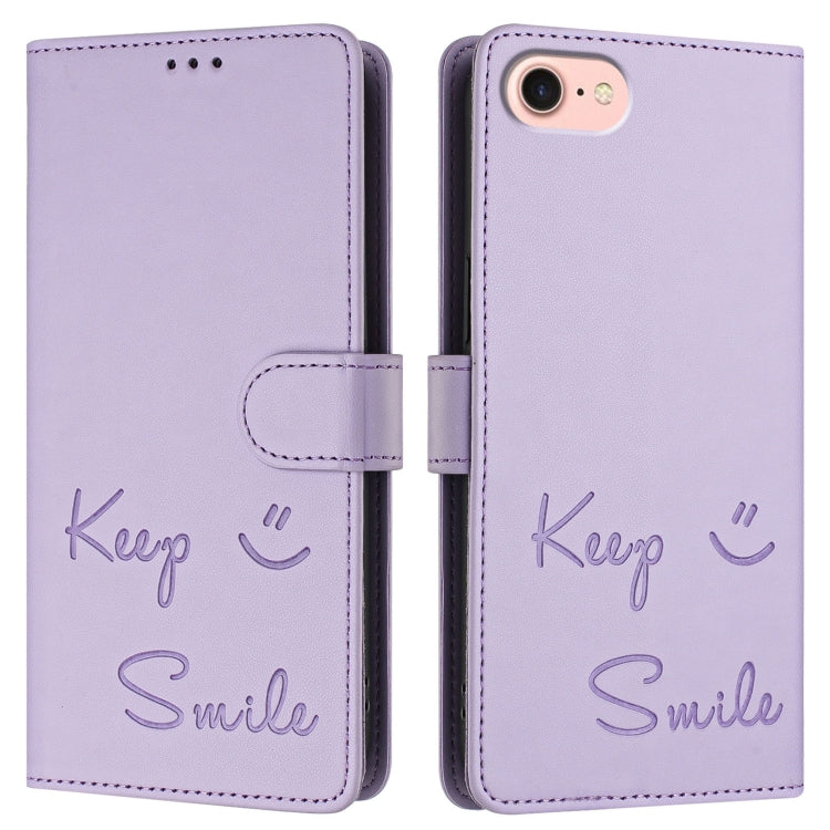 For iPhone 16e Smile Embossing RFID Leather Phone Case(Light Purple) - iPhone 16e Cases by PMC TechLife | Online Shopping South Africa | PMC TechLife | Buy Now Pay Later Mobicred