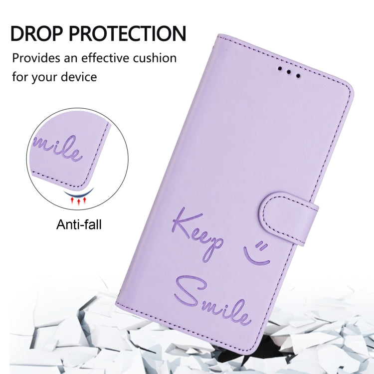 For iPhone 16e Smile Embossing RFID Leather Phone Case(Light Purple) - iPhone 16e Cases by PMC TechLife | Online Shopping South Africa | PMC TechLife | Buy Now Pay Later Mobicred