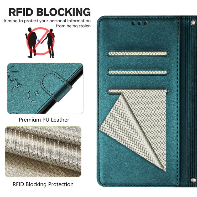 For Samsung Galaxy S25 5G Smile Embossing RFID Leather Phone Case(Peacock Green) - Galaxy S25 5G Cases by PMC TechLife | Online Shopping South Africa | PMC TechLife | Buy Now Pay Later Mobicred
