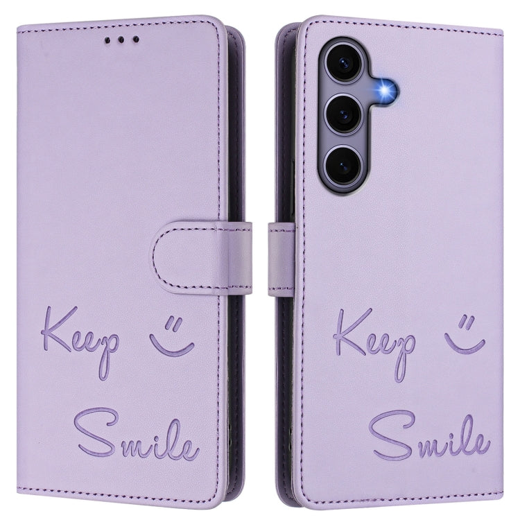 For Samsung Galaxy S25 5G Smile Embossing RFID Leather Phone Case(Light Purple) - Galaxy S25 5G Cases by PMC TechLife | Online Shopping South Africa | PMC TechLife | Buy Now Pay Later Mobicred