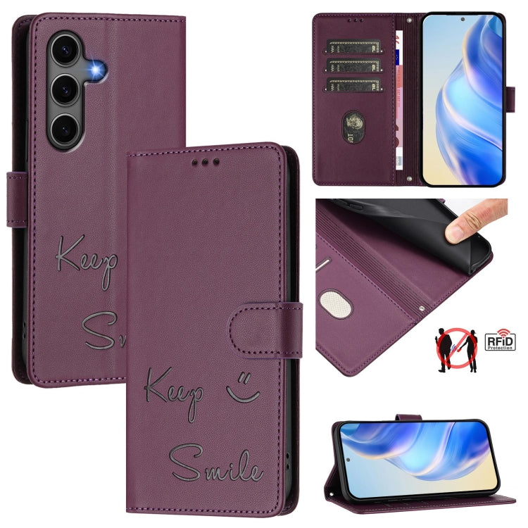 For Samsung Galaxy S25+ 5G Smile Embossing RFID Leather Phone Case(Violet) - Galaxy S25+ 5G Cases by PMC TechLife | Online Shopping South Africa | PMC TechLife | Buy Now Pay Later Mobicred
