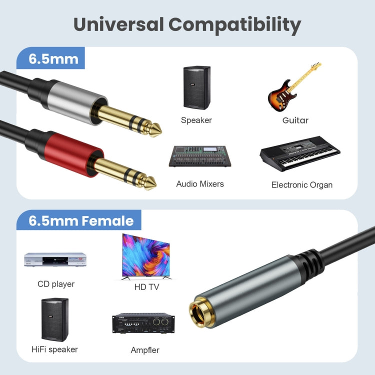 0.3m Gold Plated 6.35mm Female to 2 x 6.35mm Male Stereo Audio Adapter Y Splitter Cable(Black) - Video & Audio Cable by PMC Jewellery | Online Shopping South Africa | PMC Jewellery | Buy Now Pay Later Mobicred