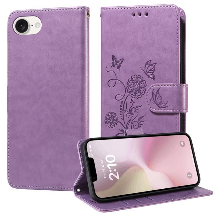 For iPhone 16e Embossed Butterfly Flowers Leather Phone Case(Purple) - iPhone 16e Cases by PMC TechLife | Online Shopping South Africa | PMC TechLife | Buy Now Pay Later Mobicred