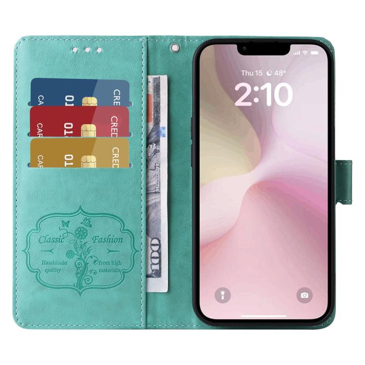 For iPhone 16e Embossed Butterfly Flowers Leather Phone Case(Green) - iPhone 16e Cases by PMC TechLife | Online Shopping South Africa | PMC TechLife | Buy Now Pay Later Mobicred