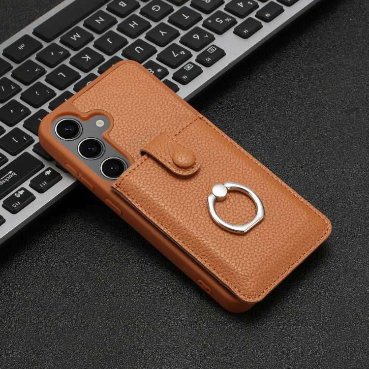 For Samsung Galaxy S25 5G Litchi Texture Drawing Card Bag Ring Holder Phone Case(Brown) - Galaxy S25 5G Cases by PMC Jewellery | Online Shopping South Africa | PMC Jewellery | Buy Now Pay Later Mobicred