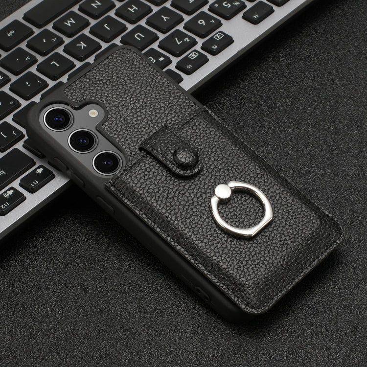 For Samsung Galaxy S25 5G Litchi Texture Drawing Card Bag Ring Holder Phone Case(Black) - Galaxy S25 5G Cases by PMC Jewellery | Online Shopping South Africa | PMC Jewellery | Buy Now Pay Later Mobicred
