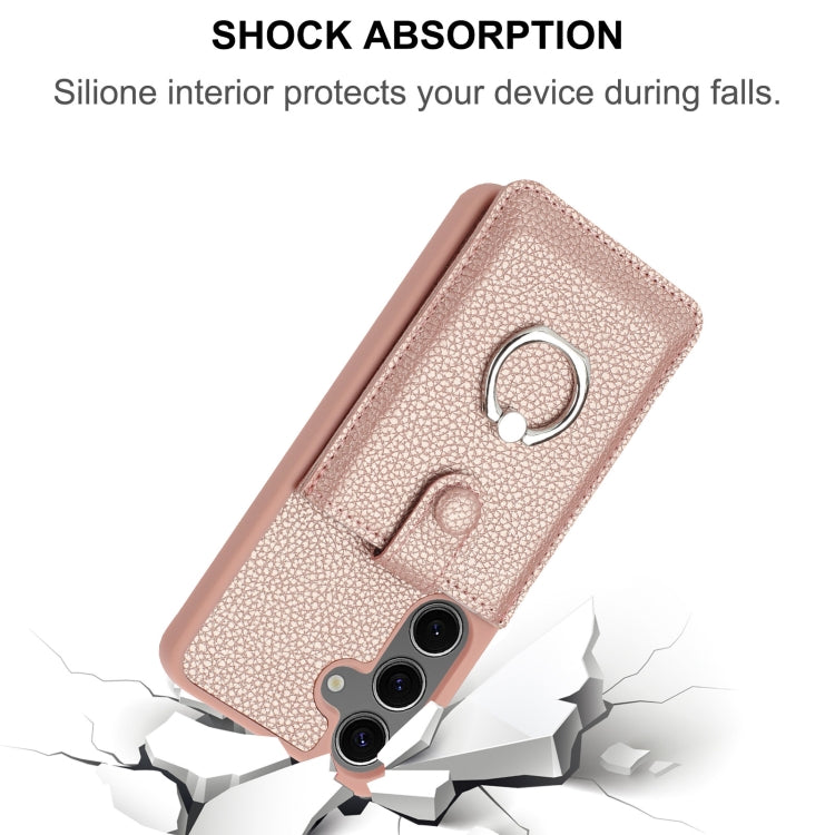 For Samsung Galaxy S25 5G Litchi Texture Drawing Card Bag Ring Holder Phone Case(Blue) - Galaxy S25 5G Cases by PMC Jewellery | Online Shopping South Africa | PMC Jewellery | Buy Now Pay Later Mobicred